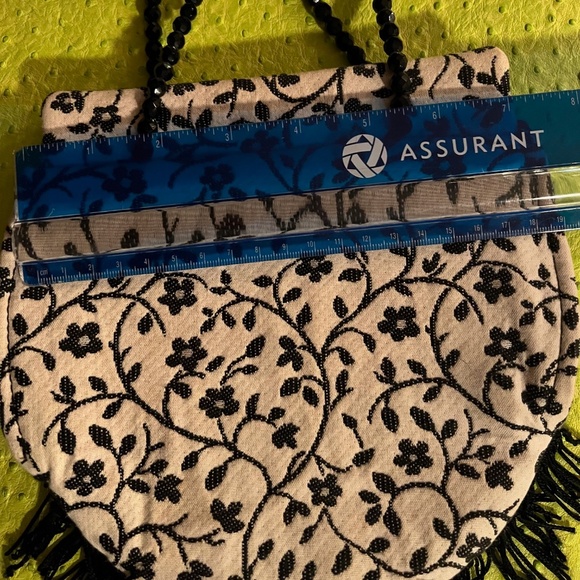 MENA New York Black & White Embroidered W/ Fringe and Beaded Handle Mini Purse - Picture 6 of 8